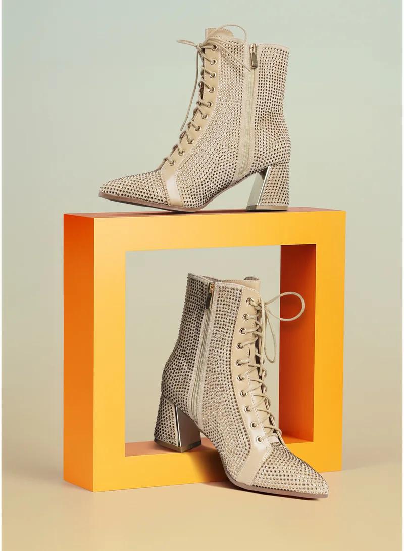 London Rag Rhinestone Embellished Ankle Boots in Beige