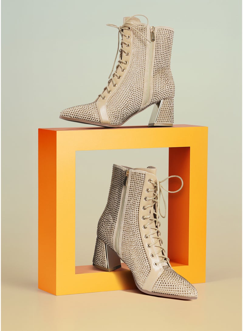 London Rag Rhinestone Embellished Ankle Boots in Beige - Image 2