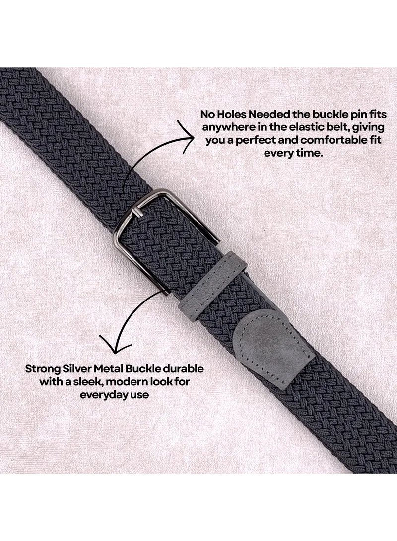 Classic Milano Grey (DWE-313) Classic Milano Braided Cotton Elastic Stretch Belt for Men & Women, Woven Canvas Web Belt with Gift Box, Adjustable Men's Belt | Full Length: 110CM (Free Size - Fits up to the waist of 40 Inches / 100 CM)  | Best Price UAE