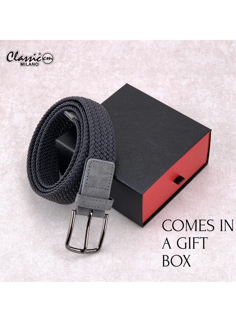 Classic Milano Grey (DWE-313) Classic Milano Braided Cotton Elastic Stretch Belt for Men & Women, Woven Canvas Web Belt with Gift Box, Adjustable Men's Belt | Full Length: 110CM (Free Size - Fits up to the waist of 40 Inches / 100 CM)  | Best Price UAE