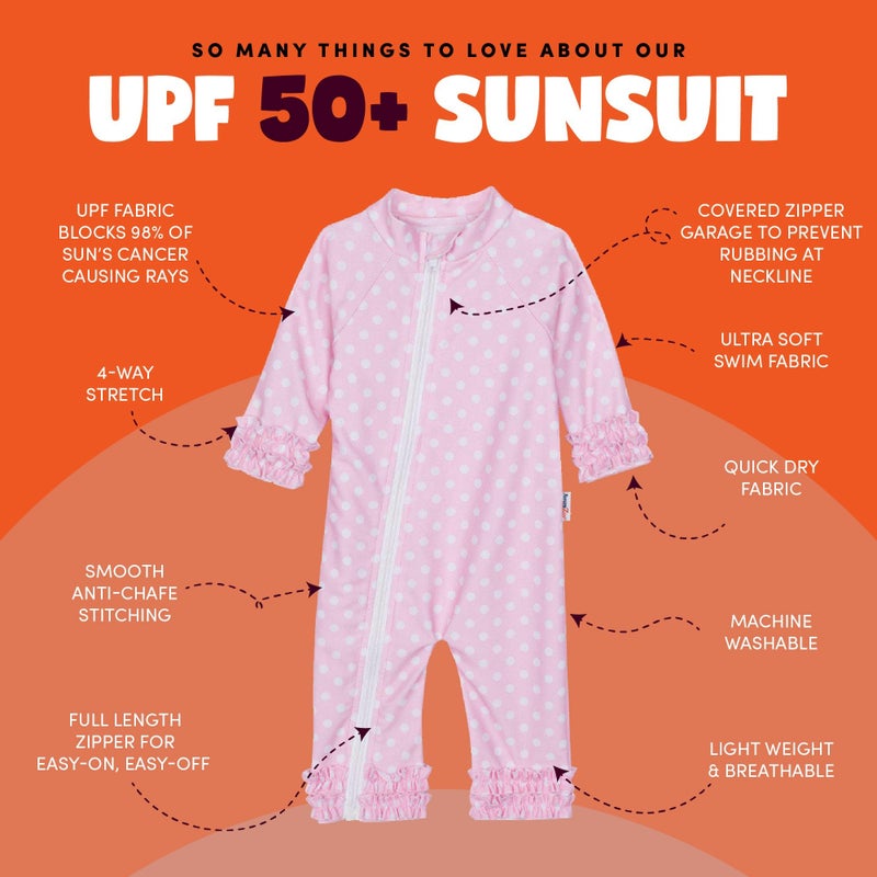 SwimZip Baby Girl Long Sleeve Sunsuit with UPF 50+,Sassy Surfer Pink Dots,6-12 Months - Image 2