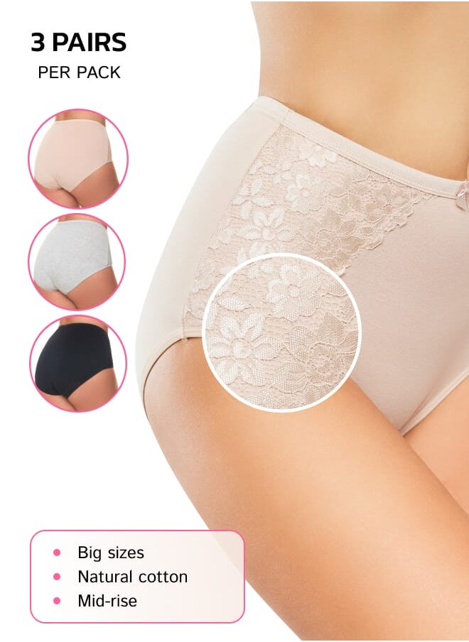 Every Woman Knows Womens Mid-Coverage Lacy Underwear Cotton Underwear for Ladies Soft Briefs 3 Pack  - Image 1