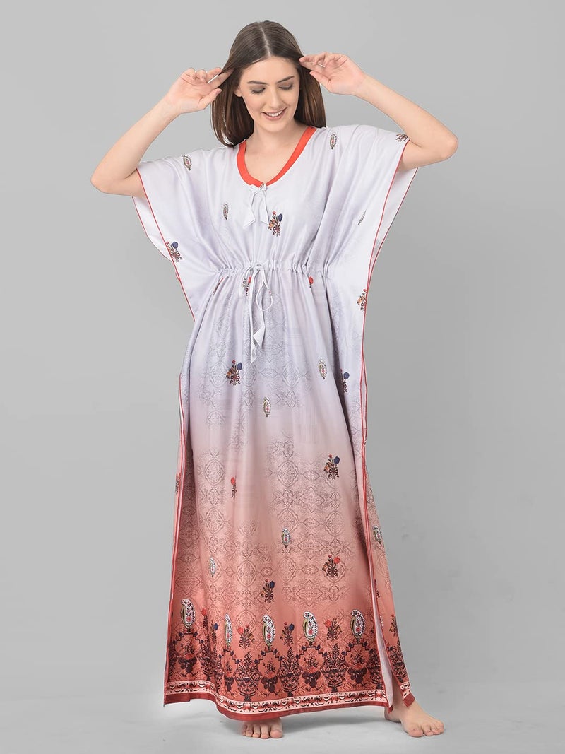 Noty Store Noty Women Polyester Blend Maxi Kaftan Nighty | Digital Print | Sarena Fabric | V Shaped Neck Nightwear | Nightdress Silver Grey, Free Size - Image 5