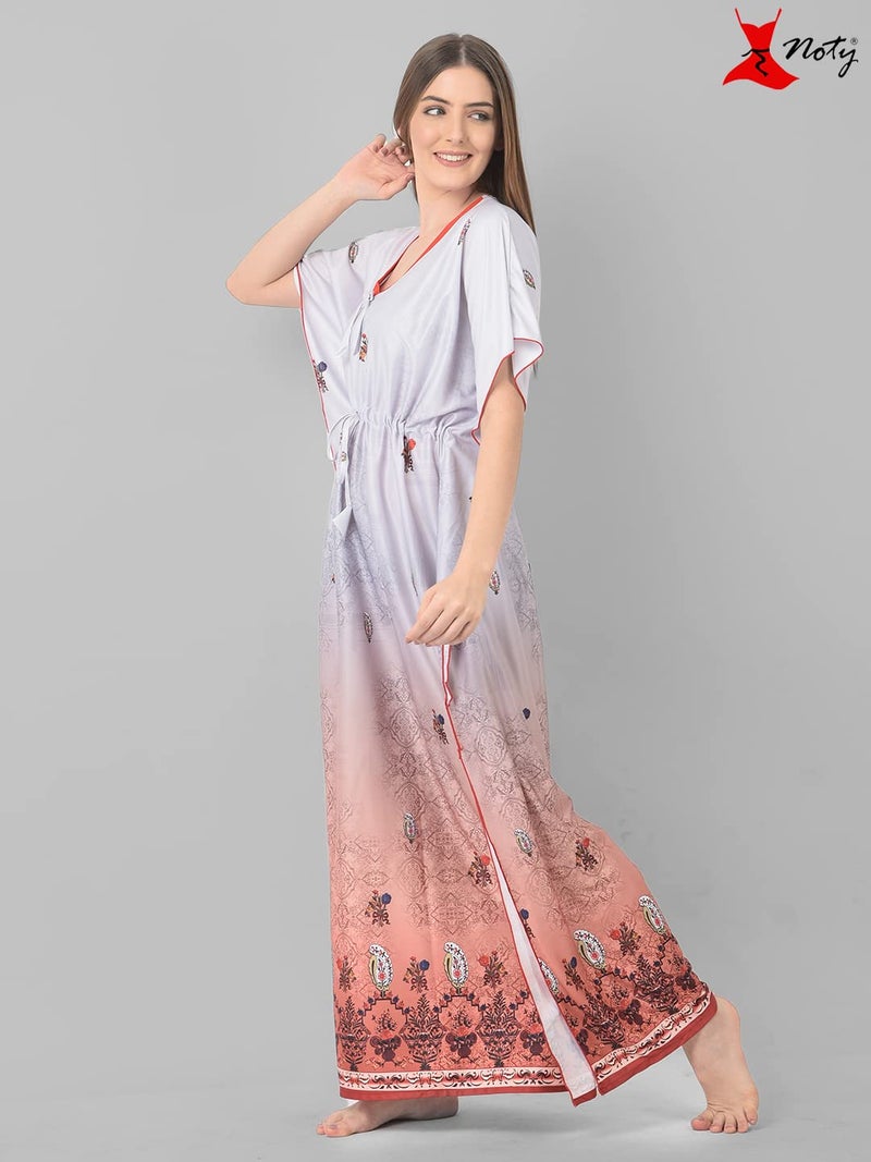 Noty Store Noty Women Polyester Blend Maxi Kaftan Nighty | Digital Print | Sarena Fabric | V Shaped Neck Nightwear | Nightdress Silver Grey, Free Size - Image 3