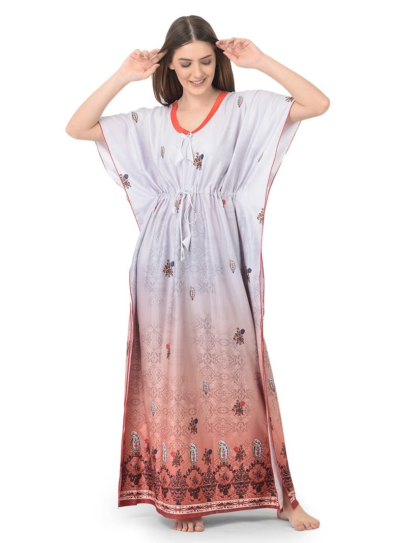Noty Store Noty Women Polyester Blend Maxi Kaftan Nighty | Digital Print | Sarena Fabric | V Shaped Neck Nightwear | Nightdress Silver Grey, Free Size - Image 1