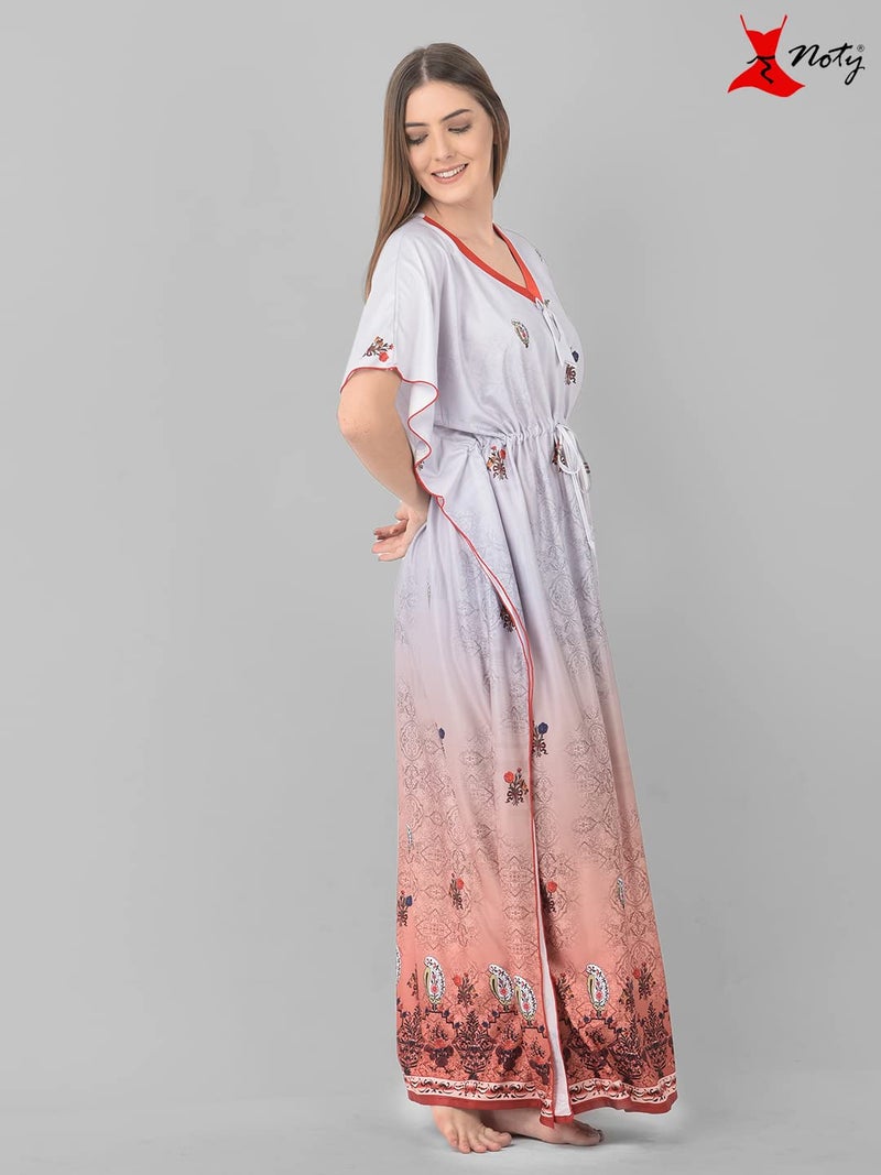 Noty Store Noty Women Polyester Blend Maxi Kaftan Nighty | Digital Print | Sarena Fabric | V Shaped Neck Nightwear | Nightdress Silver Grey, Free Size - Image 2