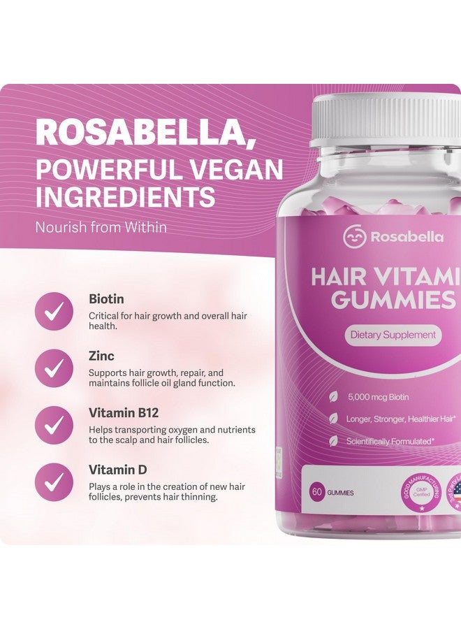 Rosabella Rosabella Hair Growth Gummies for Women & Men - Vegan Hair Gummies with 5000mcg Biotin - Hair Vitamins for Strong, Healthy-Looking Hair - Gummy Biotin Supplement - 60 Count  - Image 2