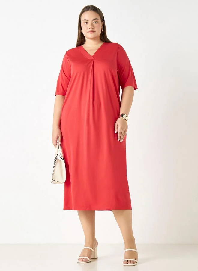 Ulla Popken Plus Size Ulla Popken V-neck Dress with Short Sleeves and Pockets