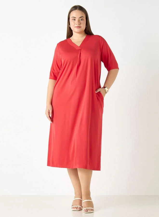 Ulla Popken Plus Size Ulla Popken V-neck Dress with Short Sleeves and Pockets
