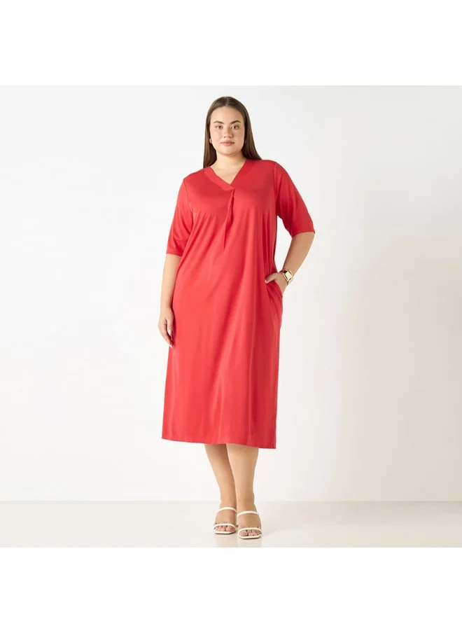 Ulla Popken Plus Size Ulla Popken Solid V-neck Dress with Short Sleeves and Pockets