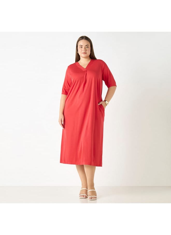 Ulla Popken Plus Size Ulla Popken Solid V-neck Dress with Short Sleeves and Pockets  - Image 1