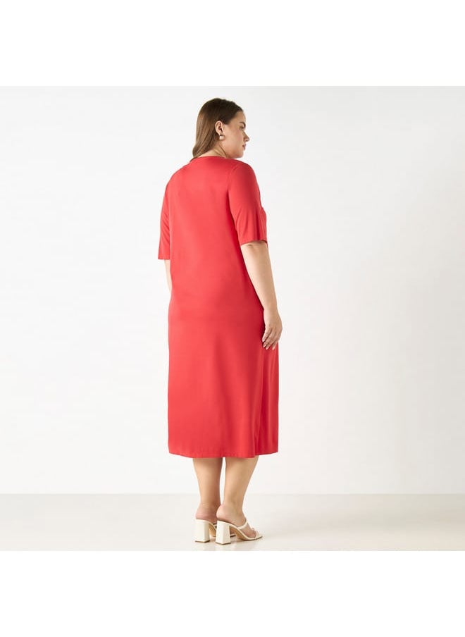 Ulla Popken Plus Size Ulla Popken Solid V-neck Dress with Short Sleeves and Pockets  - Image 3
