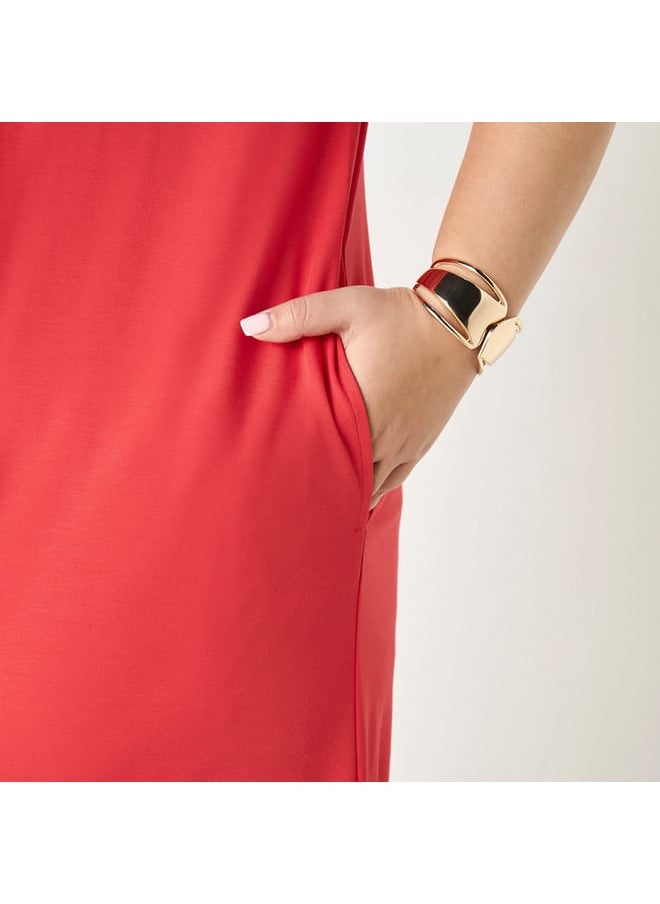 Ulla Popken Plus Size Ulla Popken Solid V-neck Dress with Short Sleeves and Pockets  - Image 4