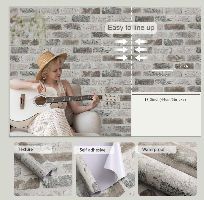 Guvana 17.3"Ã—118" Brick Peel and Stick Wallpaper Brick Wallpaper Grey Brown 3D Brick Self Adhesive Contact Paper Textured Removable Vintage Wallpaper Decorative Wall Classroom Covering - Image 5