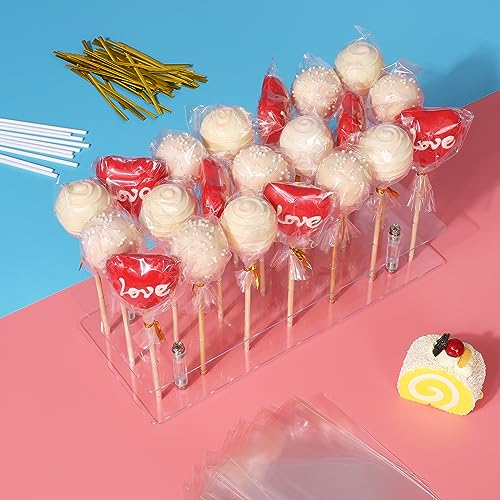 Suneerplay Cake Pop Stand with Sticks Kit, 21 Holes Lollipop Display Stand, Acrylic Cake Pop Display Holder, Lollipop Holder with 100 Pcs Sticks, 100 Pcs Clear Wrappers, 100 Pcs Gold Twist Ties - Image 4