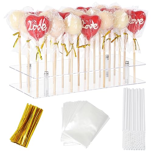Suneerplay Cake Pop Stand with Sticks Kit, 21 Holes Lollipop Display Stand, Acrylic Cake Pop Display Holder, Lollipop Holder with 100 Pcs Sticks, 100 Pcs Clear Wrappers, 100 Pcs Gold Twist Ties - Image 1