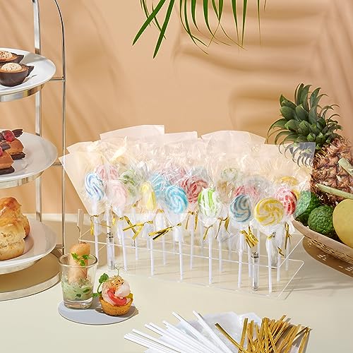Suneerplay Cake Pop Stand with Sticks Kit, 21 Holes Lollipop Display Stand, Acrylic Cake Pop Display Holder, Lollipop Holder with 100 Pcs Sticks, 100 Pcs Clear Wrappers, 100 Pcs Gold Twist Ties - Image 5