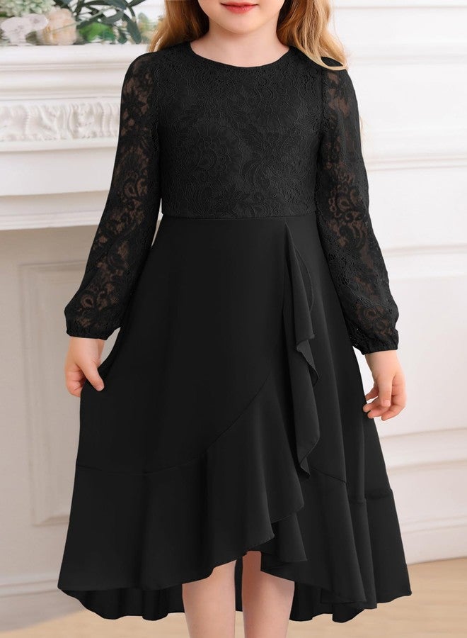 HOSIKA Flower Girls Dress Long Sleeve Floral Lace Chiffon A Line Formal Fall Wedding Party Dresses for 6-12 Years, Black, 12 Years - Image 2