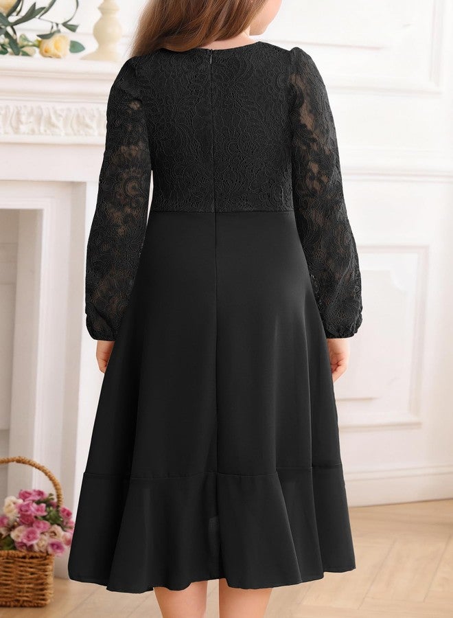HOSIKA Flower Girls Dress Long Sleeve Floral Lace Chiffon A Line Formal Fall Wedding Party Dresses for 6-12 Years, Black, 12 Years - Image 4