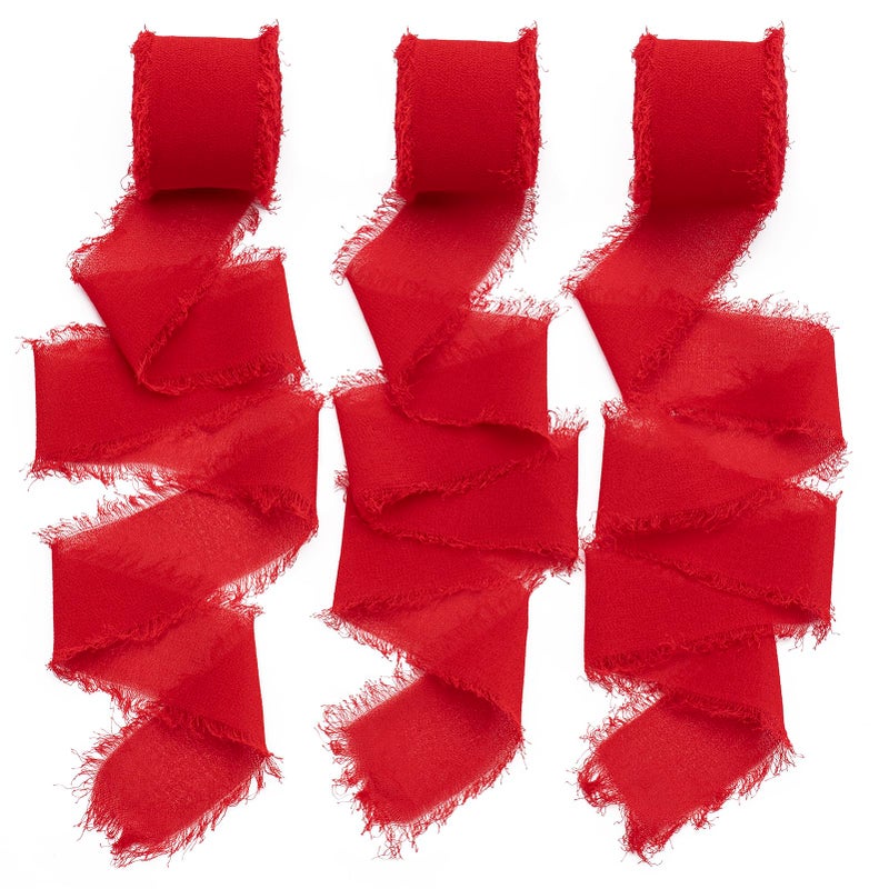 Chiffon Ribbon 3 Rolls 21 Yards Red Handmade Fringe Chiffon Silk Ribbon 15 x 7Yd Ribbons Set for Wedding InvitationsChristmas Bridal Bouquets Gifts Wrapping DIY Crafts