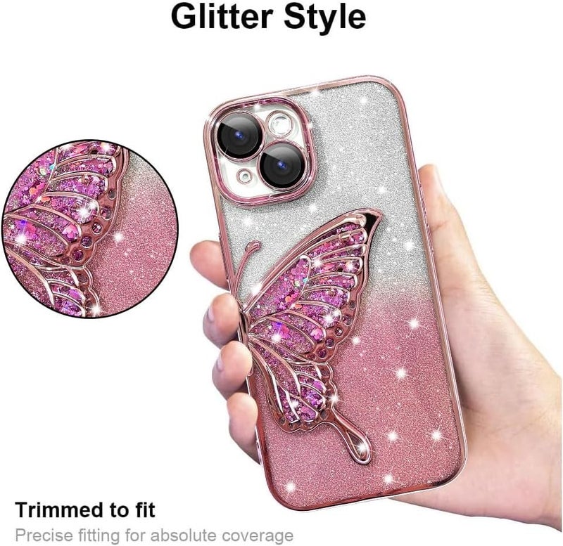 Mobistyle Leather Designed For iPhone 13 Cover With Glitter Cute Butterfly Electroplate Plating Design Back Cover Case For Women Teen Girls (Pink) - Image 5