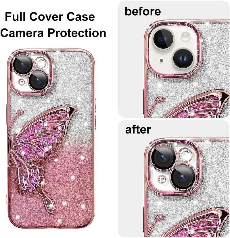 Mobistyle Leather Designed For iPhone 13 Cover With Glitter Cute Butterfly Electroplate Plating Design Back Cover Case For Women Teen Girls (Pink) - Image 4