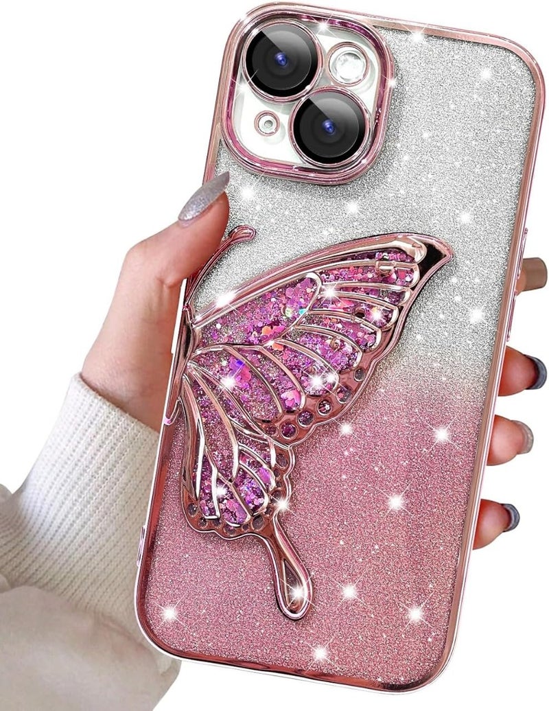 Mobistyle Leather Designed For iPhone 13 Cover With Glitter Cute Butterfly Electroplate Plating Design Back Cover Case For Women Teen Girls (Pink) - Image 1