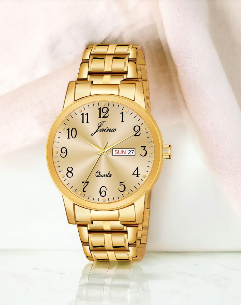 jainx Metal Premium Gold Plated Chain Day Date Feature Gift Analog Wrist Watch for Men - Jm1179 - Image 2