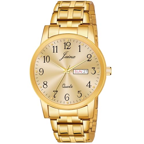 jainx Metal Premium Gold Plated Chain Day Date Feature Gift Analog Wrist Watch for Men - Jm1179 - Image 1