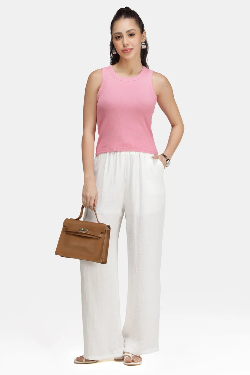 فيرجيو Solid Cotton Pink Ribbed Tank Top for Women