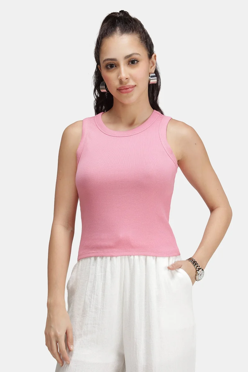 Virgio Solid Cotton Pink Ribbed Tank Top for Women