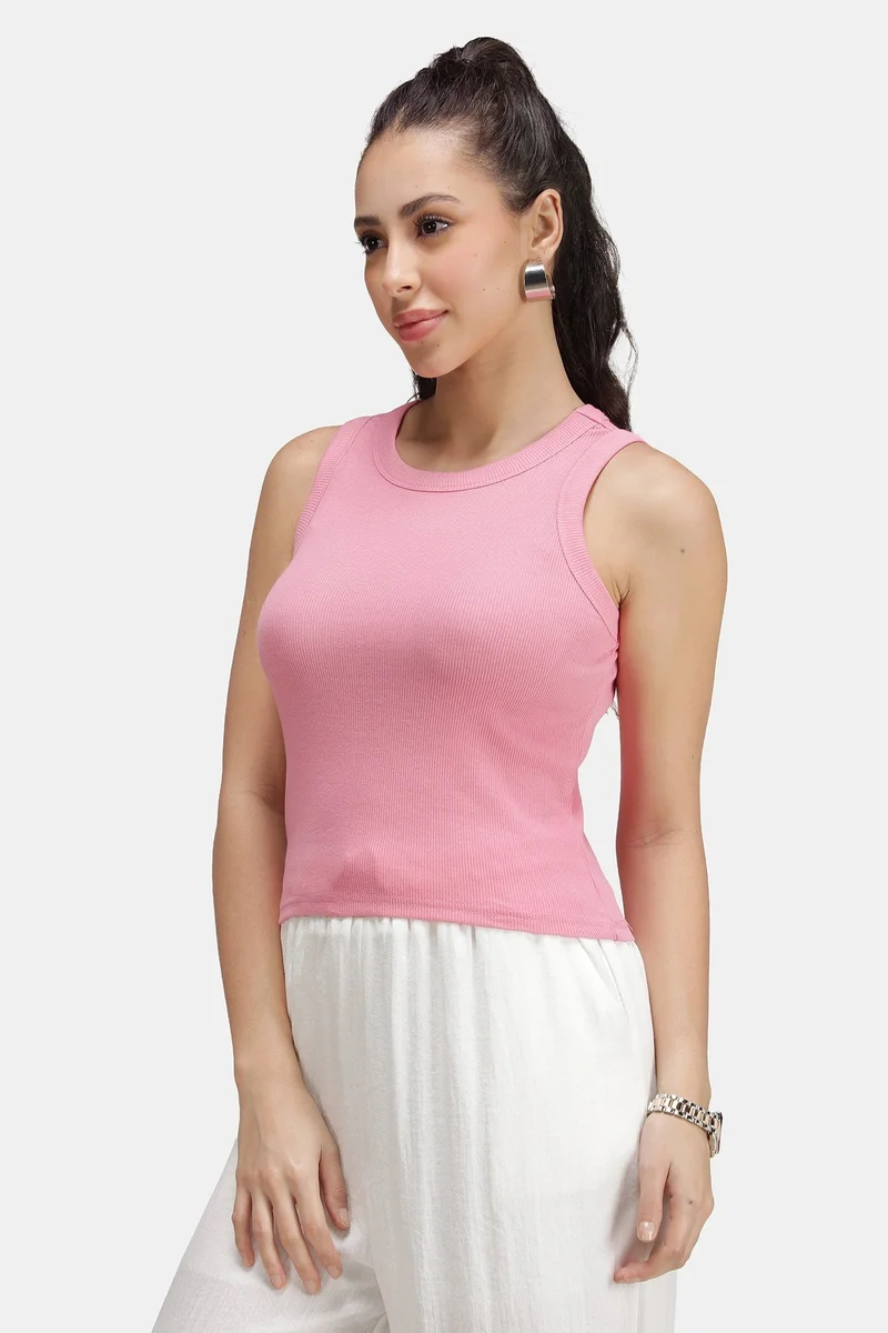 Virgio Solid Cotton Pink Ribbed Tank Top for Women