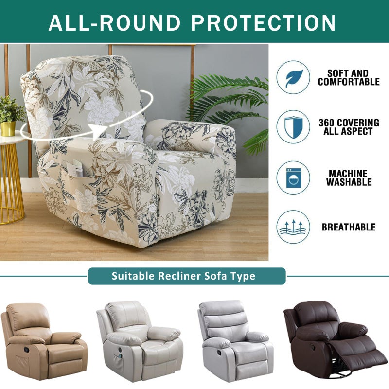 NILUOH Stretch Recliner Cover 4 Pieces Printed Lazy Boy Chair Covers Floral Patterned Recliner Sofa Slipcover Anti-Slip Fitted Furniture Protector with Elastic Bottom, A3 - Image 5