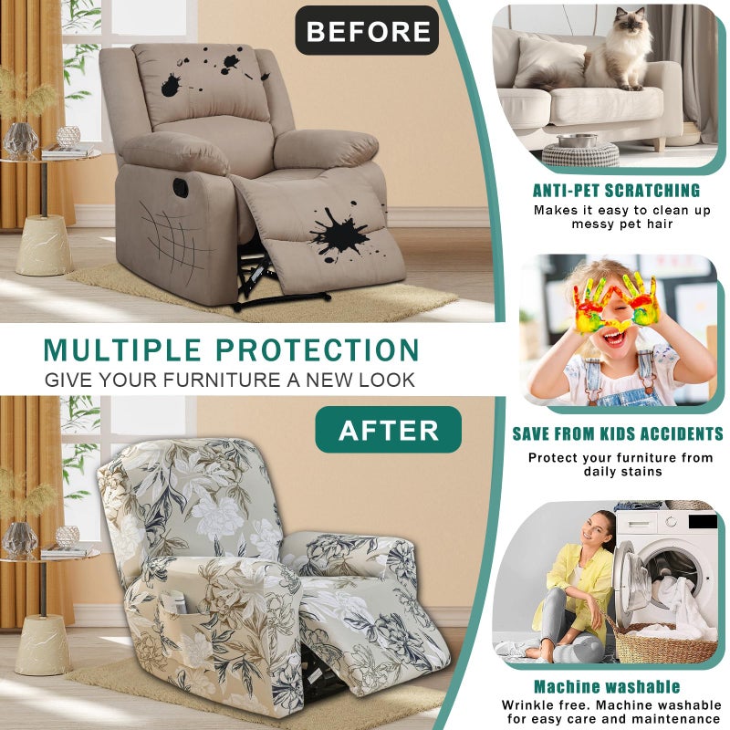 NILUOH Stretch Recliner Cover 4 Pieces Printed Lazy Boy Chair Covers Floral Patterned Recliner Sofa Slipcover Anti-Slip Fitted Furniture Protector with Elastic Bottom, A3 - Image 4