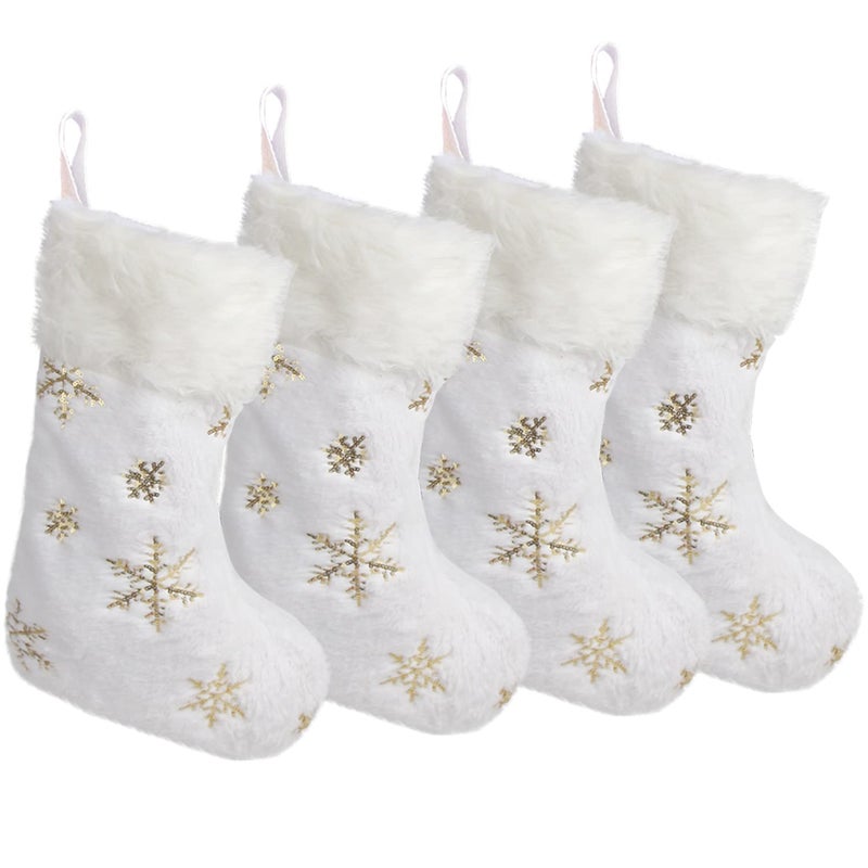 CCINEE 4PCS White Christmas Stockings18 Inch Large Plush Faux Fur Xmas Stocking with Golden Snowflake Sequin Glitter Snowflake Hanging Stocking for Christmas Tree Wall Fireplace Home Decoration