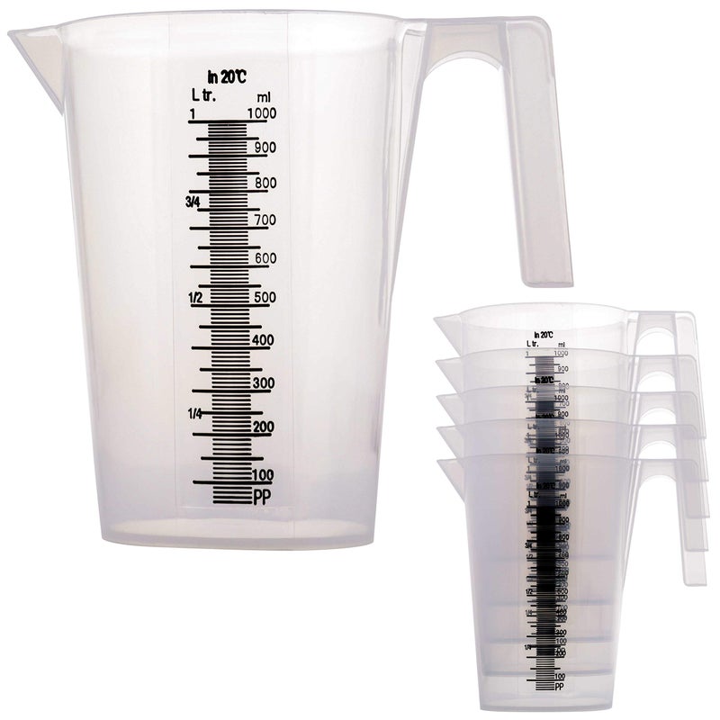 TCP Global TCP Global 1 Liter 1000ml Plastic Graduated Measuring and Mixing Pitcher Pack of 6  Holds Over 1 Quart 32oz  Pouring Cups Measure  Mix Paint Resin Epoxy Kitchen Cooking Baking Ingredients 