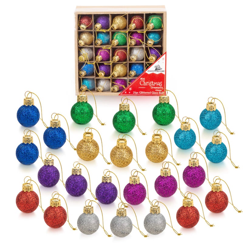 1 Inch Multicolor Mini Glitter Glass Ball Christmas Ornaments Set of 25 Balls Miniature Christmas Tree Ornaments Rustic Christmas Decorations Mini Christmas Tree Decorations for Small Trees