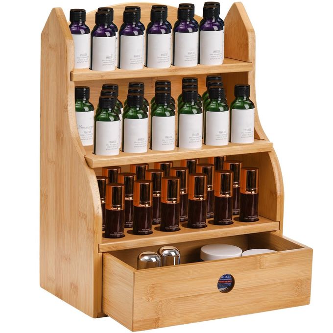 Dicunoy Essential Oils Storage Case, 46 Slots Nail Polish Shelf Display Rack with Drawer, Bamboo 3 Tiers Essential Oil Organizer Holds 10/15/20/30ml Bottles for Home, Cosmetic Shelf, Fairs, Shop - Image 1