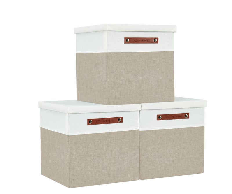DECOMOMO Storage Basket with Lid, Storage Cubes with Handles, Fabric Box with Lid (Beige and White, 13â€ / 3 Pack) - Image 1