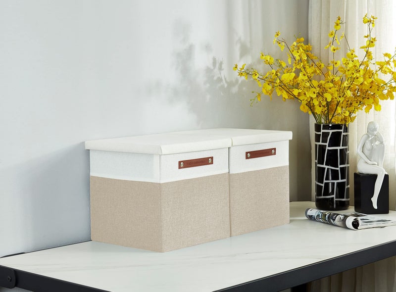 DECOMOMO Storage Basket with Lid, Storage Cubes with Handles, Fabric Box with Lid (Beige and White, 13â€ / 3 Pack) - Image 3