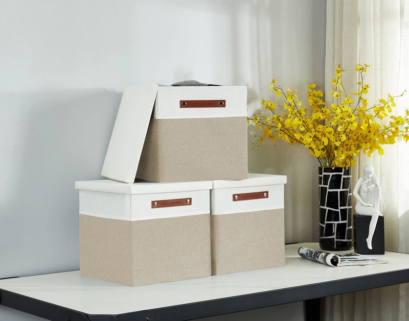 DECOMOMO Storage Basket with Lid, Storage Cubes with Handles, Fabric Box with Lid (Beige and White, 13â€ / 3 Pack) - Image 2