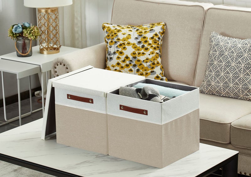 DECOMOMO Storage Basket with Lid, Storage Cubes with Handles, Fabric Box with Lid (Beige and White, 13â€ / 3 Pack) - Image 5