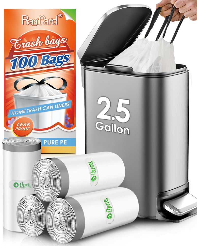 25 Gallon10 Liter 100 Counts Strong Drawstring Trash Bags Garbage Bags by RayPard Small Plastic Bags Trash Can Liners for Home Office Kitchen Bathroom Bedroom White Waste Basket Liners White