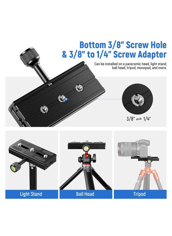 Neewer - Quick Release Plate with Clamp Adapter Set, 120mm QR Plate with Clamp, 3/8"&1/4" Screw, Bubble Level, 3/8” to 1/4” Screw Adapter, Compatible with Arca Swiss Tripod Monopod Ball Head - Image 1