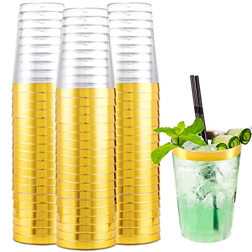 I00000 200 Pack Gold Plastic Cups, 10 oz Clear Plastic Cups Gold Rimmed Disposable Wine Glasses Fancy Disposable Party Cups Wedding Cups Drinking Tumblers Plastic Cocktail Glasses with Gold Rim - Image 1