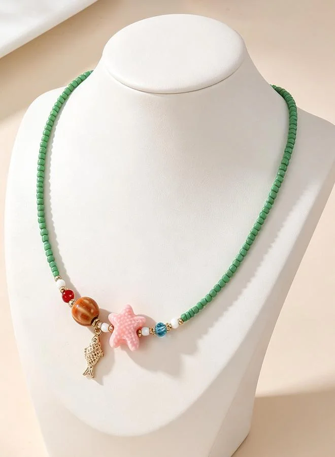 Girls Multi-Color Starfish and Fish Charm Beaded Necklace