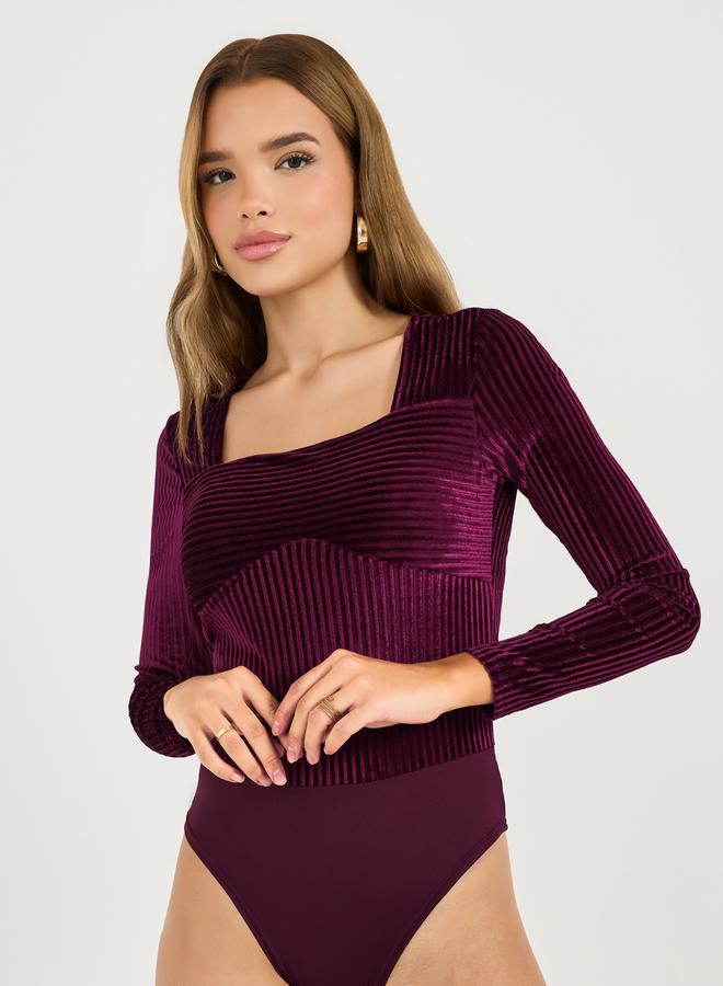 Styli Textured Velvet Look Square Neck Bodysuit - Image 1