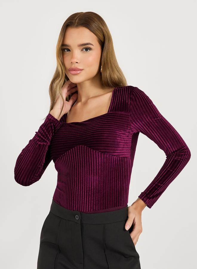 Styli Textured Velvet Look Square Neck Bodysuit - Image 3