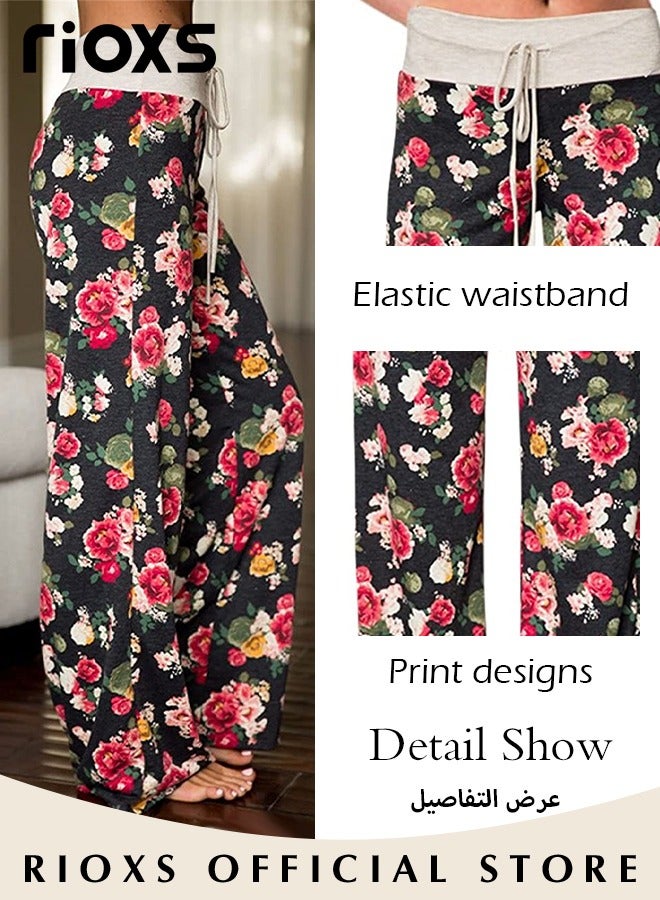 RIOXS Women's Casual Pants Stretch Floral Print Drawstring Trousers High Waisted Wide Leg Lounge Pants With Pockets  - Image 2