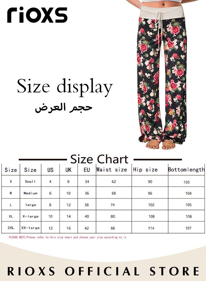 RIOXS Women's Casual Pants Stretch Floral Print Drawstring Trousers High Waisted Wide Leg Lounge Pants With Pockets  - Image 3